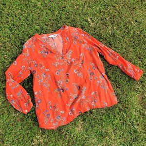 2 for $8 Red Linen Flowered Tunic Top
